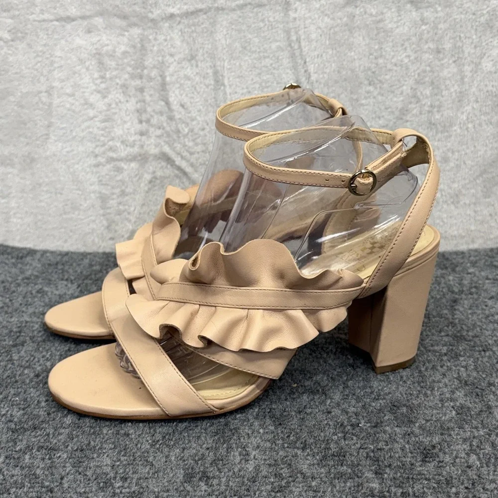 Vince Camuto‎ Sandals Womens Size 10 Beige Leather Ruffle Block Heel Ankle Strap